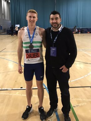 Cameron Chalmers with coach James Hillier after winning 400m silver at the 2017 British Indoor Team Trials