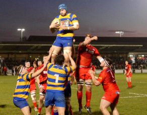 Will Flinn wins a lineout during University of Bath's BUCS Rugby Championships semi-fiinal defeat to Hartpury, March 2017