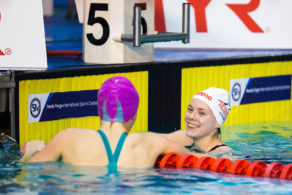 Anna Hopkin is congratulated by SIobhan-Marie O'Connor after winning 50m freestyle gold at the 2017 British Swimming Championships. MUST CREDIT: Georgie Kerr/British Swimming