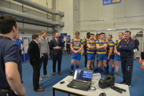 Prince Harry with members of the University of Bath RFC, who were taking part in the IPF demonstration. PICTURE: Leo Wilkinson