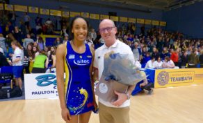 Player of the match Layla Guscoth receives a bouquet, provided by Wild About Flowers of Keynsham, from Stuart Doughty of Centurion Wealth Management