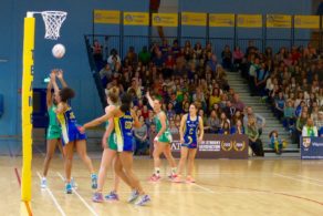 Eboni-Beckford Chambers puts Celtic Dragons goal-attack Kalita McCollin under pressure, April 2017