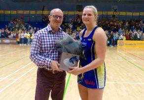 Chelsea Lewis receives the player of the match prize bouquet from Stuart Doughty, Director of Centurion Wealth Management.