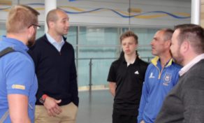 Steve Borthwick with University of Bath rugby coaches Mark Lilley and Aaron James, and Deputy Director of Sport Greg Sharp