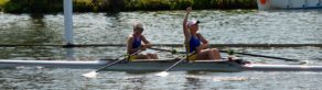 Laura Macro and Steph Clutterbuck celebrate after winning the Senior double scull title at the 2017 Henley Women's Regatta. CREDIT: Lewis Todd