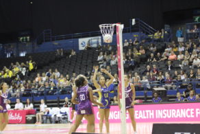 Paige Reed nets Team Bath Netball's first goal in their Final Four semi-final against Loughborough Lightning 