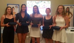 (From left) Kirsty Harris, Ella Powell-Davies, Abi Robson, Shona O'Dwyer and Lauren Wood were all winners at the 2017 Team Bath Netball player of the year awards