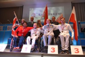 Dimitri Coutya (left) won Category B epee silver at the Warsaw World Cup, July 2017