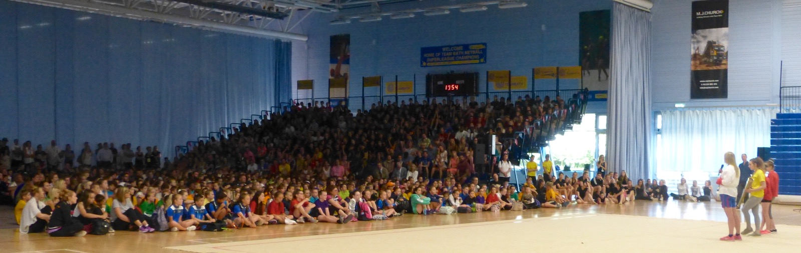 Stephanie Millward addresses the crowd of youngsters during the 2017 Summer School Games opening ceremony