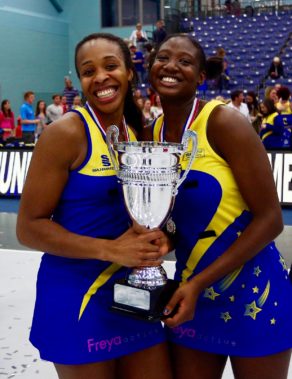 Pamela Cookey and Kadeen Corbin of Team Bath celebrate winning the Netball Superleague Grand Final 2013 trophy