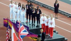 The London 2017 4x400m medal ceremony featuring Emily Diamond (left) and Eilidh Doyle (second from left)