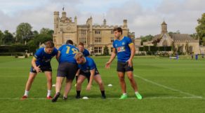 University of Bath men's rugby players in pre-season training at Bath Rugby's Farleigh House headquarters, August 2017