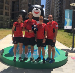 Team Bath staff (from left) Corinne Yorston, Barry Scollo, Jack Dawkins and Mark Skimming at the 2017 World University Games in Taipei.