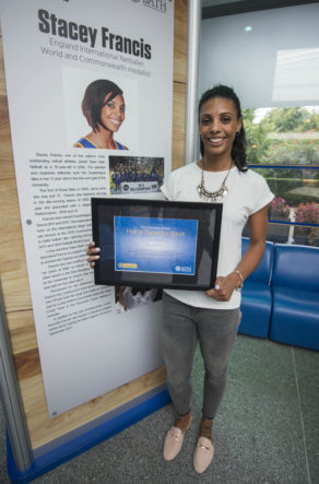 Team Bath Netball legend Stacey Francis is inducted into the University of Bath Hall of Fame for Sport, September 2017