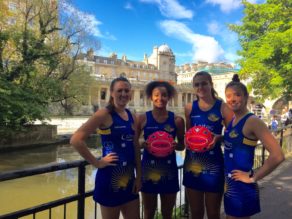 (From left) Asha Francis, Imogen Allison, Tash Pavelin and Jess Shaw at Pulteney Bridge in the Team Bath Netball dress specially designed by Viper 10 Sportswear for the British Fast5 All-Stars Championships.