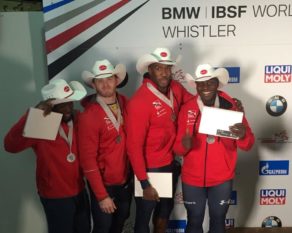 Lamin Deen, Toby Olubi, Ben Simons and Andrew Matthews won four-man bobsleigh silver at the World Cup in Whistler, November 2017