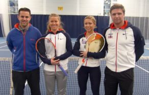 Emma Hurst (second from left) and Pippa Horn (second from right) with Team Bath Tennis Assistant Head Coach Ian MacDonald (left) and Director of Tennis Barry Scollo 