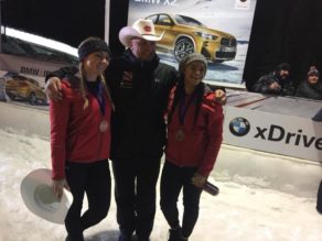 Mica McNeill and Mica Moore with GB Bobsleigh Head Coach Lee Johnston after recording their best World Cup result to date in Whistler