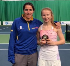 Amelia Bissett with coach Eve Hughes after finishing runner-up at the ITF Liverpool Junior event