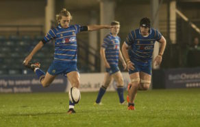 WIll Flinn in action for the University of Bath men's 1st XV against Loughborough in the 2017 Anniversary Game at The Rec