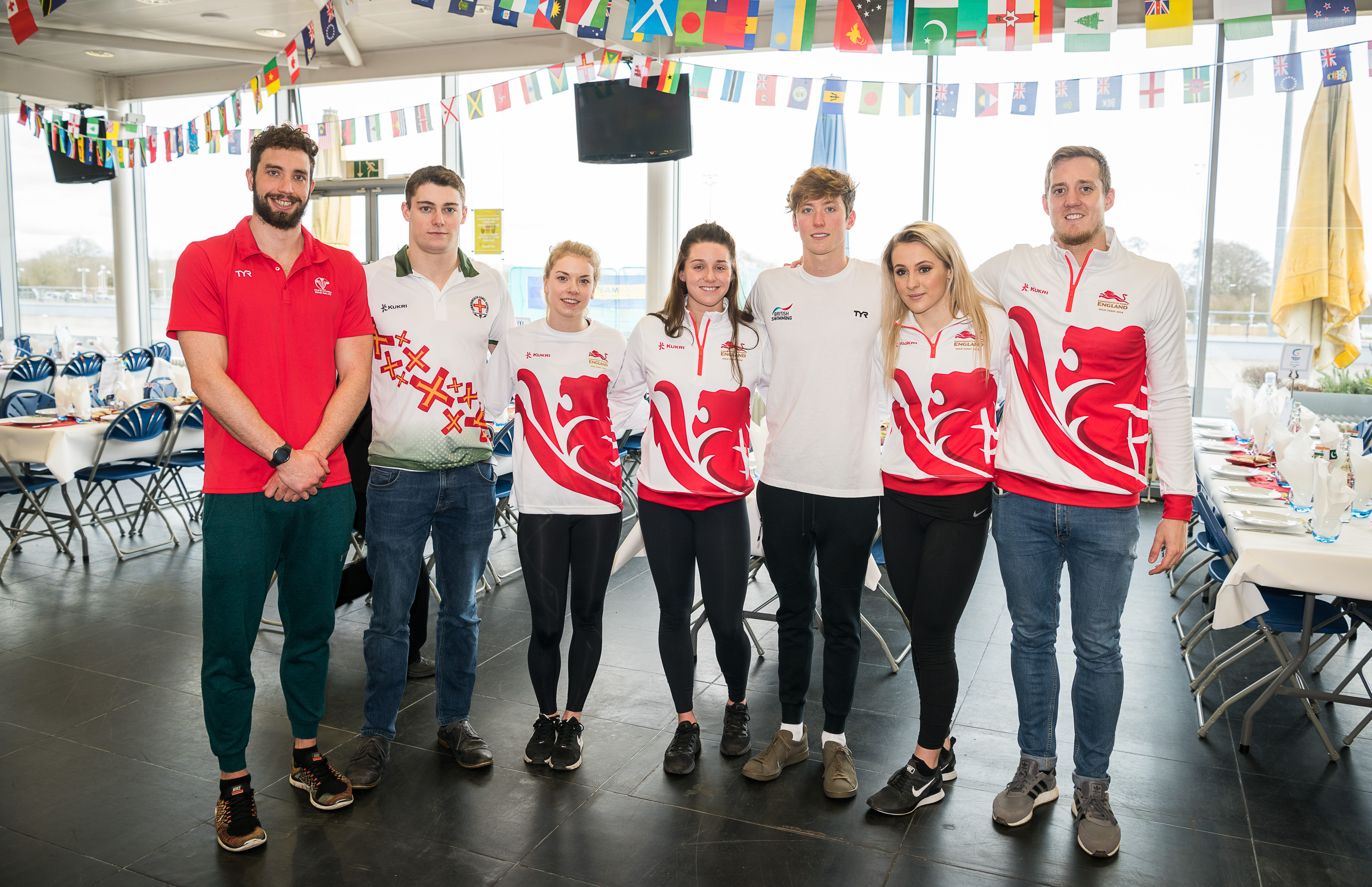 (From left) Calum Jarvis, Miles Munro, Anna Hopkin, Jessica Fullalove, Cameron Kurle, Siobhan-Marie O'Connor and Andrew Willis are among the University of Bath-based swimmers all set to compete at the Gold Coast 2018 Commonwealth Games