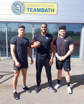 American Football star Alex Jenkins with University of Bath Rugby Club players Jason Adam and Steffan Osman-Wiggan, April 2018