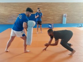 American Football star Alex Jenkins training with University of Bath Rugby Club players Jason Adam and Steffan Osman-Wiggan in the Team Bath Dojo, April 2018