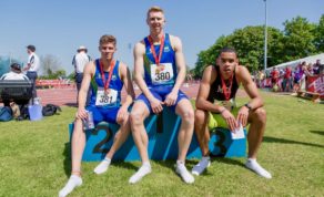 Cameron Chalmers (centre) and Ben Claridge (left) with fellow medallist Sam Hazel of Middlesex after winning 400m gold and silver respectively at the 2018 BUCS Outdoor Championships. PICTURE: BUCS