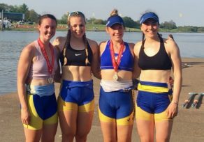 Women’s intermediate double sculls silver-medallists Rachel Borrows (left) and Megan Stoker (second from right) with Becky Wilde (second from left) and Zara Mulholland (right) at the 2018 BUCS Regatta in Nottingham