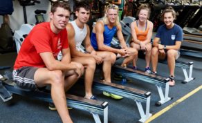 (From left) FISU scullers Sam McKeown, Ben Reeves, Matt Curtis, Fiona Chestnutt and Alex Styles in the Team Bath Gym