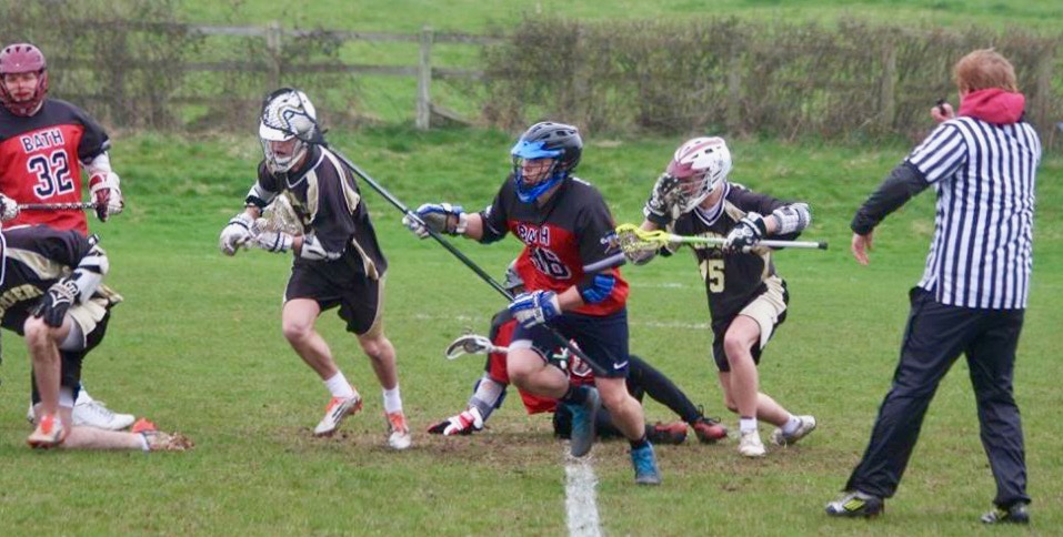 Joshua Yeoman (centre) in action for Bath City Lacrosse in the South of England Men's League