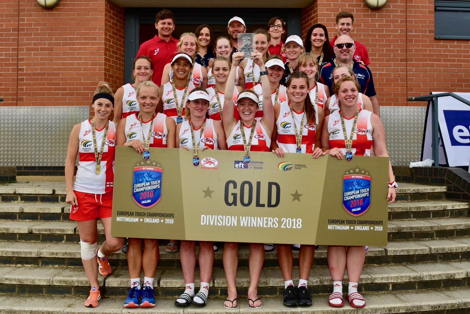 Bronte Sykes (front, second from left) was vice-captain of the England Women's Open team that won gold at the 2018 European Touch Rugby Championships