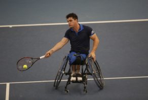 BATH, ENGLAND - NOVEMBER 15: Gustavo Fernandez of Argentina in action during The Bath Indoor Wheelchair Tennis Tournament on November 15, 2017 in Bath, England. (Photo by Julian Herbert/Getty Images for Tennis Foundation)