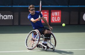 NOTTINGHAM, ENGLAND - JULY 17: in action during day one of the British Open Wheelchair Tennis Championships at Nottingham Tennis Centre on July 18, 2018 in Nottingham, England. (Photo by Nathan Stirk/Getty Images for Tennis Foundation)