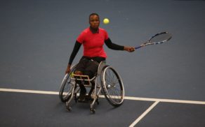 BATH, ENGLAND - NOVEMBER 15: Kgothatso Montjane of South Africa in action during The Bath Indoor Wheelchair Tennis Tournament on November 15, 2017 in Bath, England. (Photo by Julian Herbert/Getty Images for Tennis Foundation)