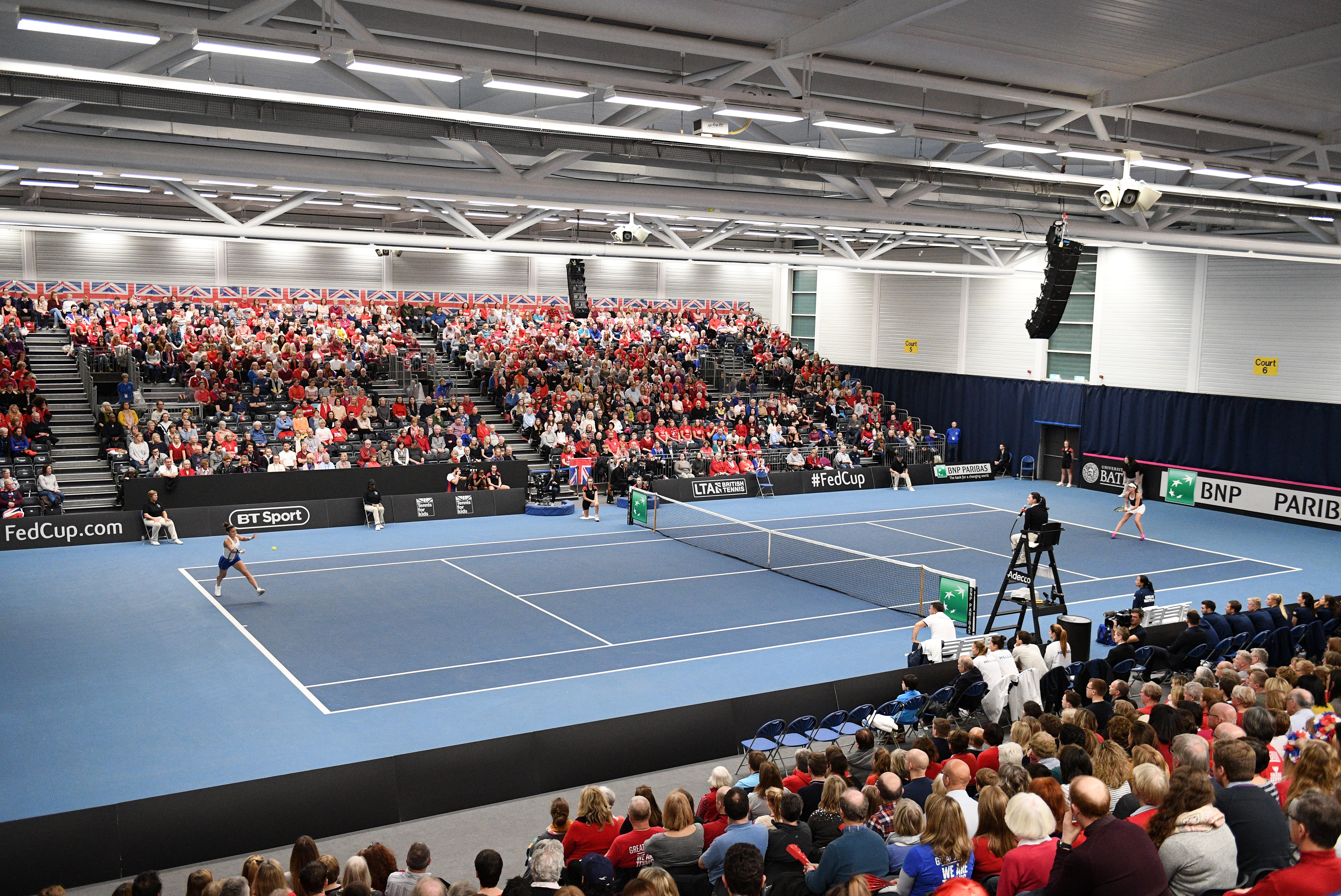 BATH, ENGLAND - FEBRUARY 07: General view of play during Day Two of the Fed Cup Europe and Africa Zone One Group I at University of Bath on February 07, 2019 in Bath, England. (Photo by Harry Trump/Getty Images for LTA)