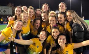 The University of Bath women's hockey 1st team celebrate after winning the BUCS Premier South A title in February 2019