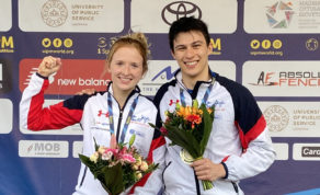 Olivia Green and Joe Choong celebrate after winning mixed relay gold at the World Cup in Budapest