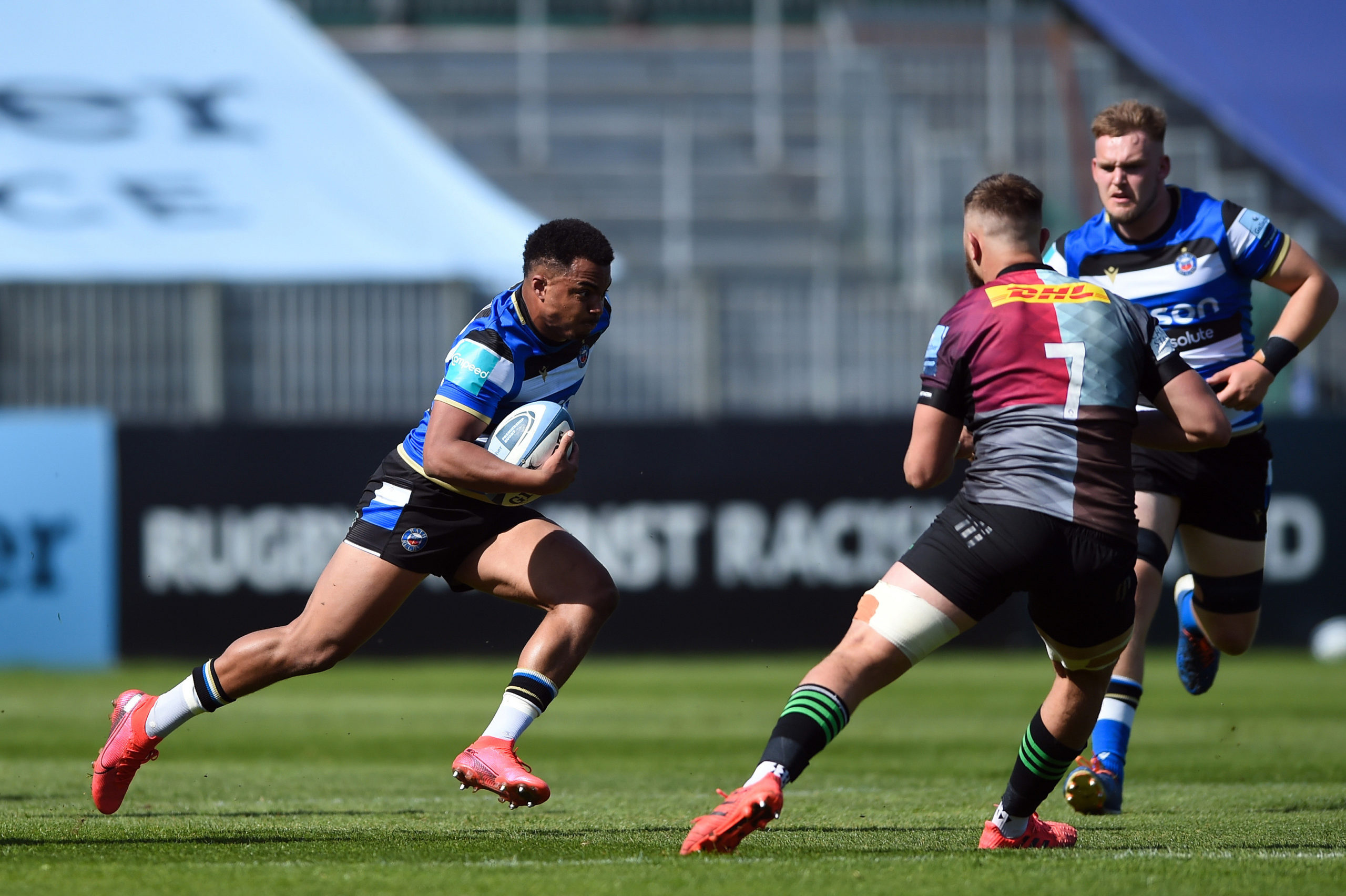 Max Ojomoh of Bath United in possession. Mid-season friendly, between Bath United and Harlequins A on April 23, 2021 at the Recreation Ground in Bath, England. Photo by: Patrick Khachfe / Onside Images