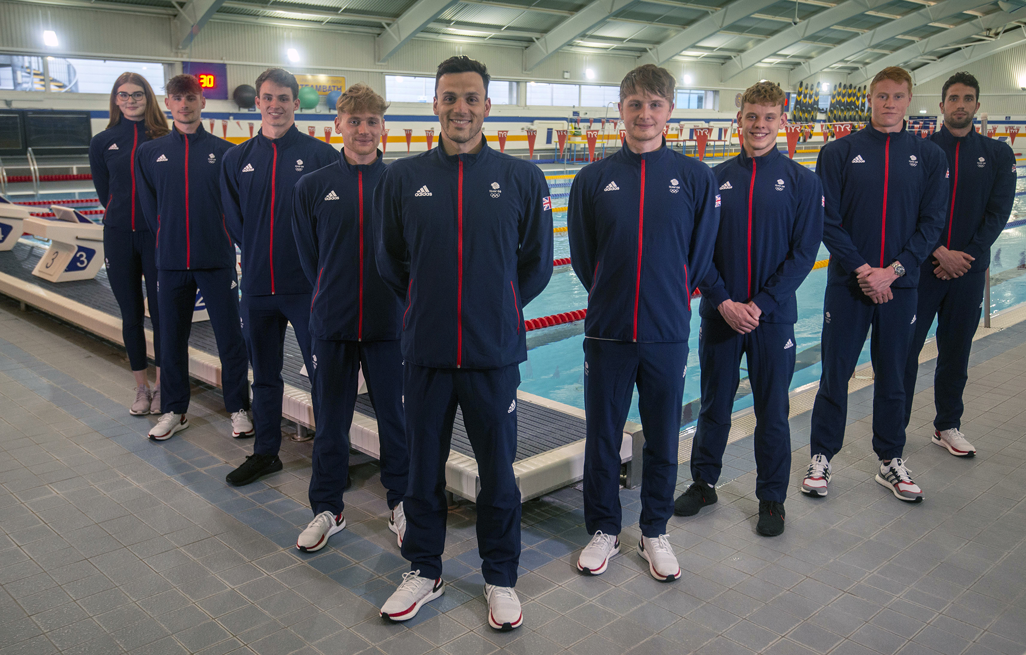 Picture of University of Bath-based swimmers (from left) Freya Anderson, Jacob Peters, Ben Proud, Kieran Bird, James Guy, Brodie Williams, Matt Richards, Tom Dean and Calum Jarvis in their Team GB kit at the London 2012 Legacy Pool. CREDIT: Clare Green/Matchtight.