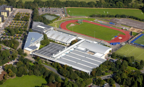 Aerial Views of the University of Bath Campus showing buildings, landscaping, new developments and surrounding areas. Main focus STV, Sports Training Village. Running track. Athletics pitch. 3G pitch. Taken October 2016