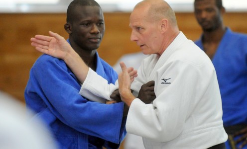 Emmanuel Nartley and Juergen Klinger at the Sports Training Village. Photo: Sam Farr