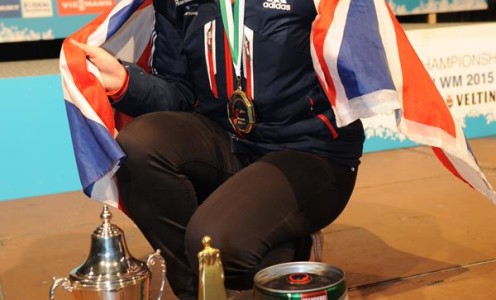 Lizzy Yarnold celebrates after winning the 2015 FIBT Skeleton World Championships. PICTURE: Charlie Brooker / FIBT