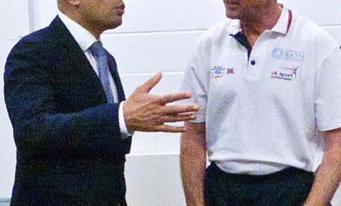 Culture Secretary Sajid Javid meets Pentathlon GB Performance Director Jan Bartu at the Sports Training Village