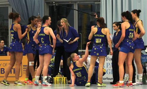 Head coach Jess Thirlby passes some advice to her Team Bath Netball players. PICTURE: Dave Roper