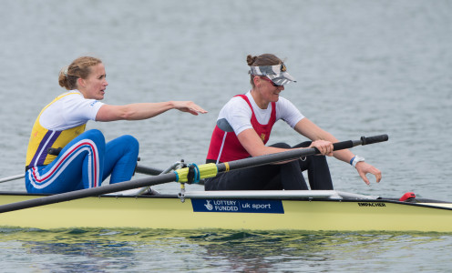 Helen Glover gives Heather Stanning a pat on the back after winning women's pair gold at the 2015 GB Rowing Team Trials. PICTURE: Peter Spurrier/ Intersport-images.com