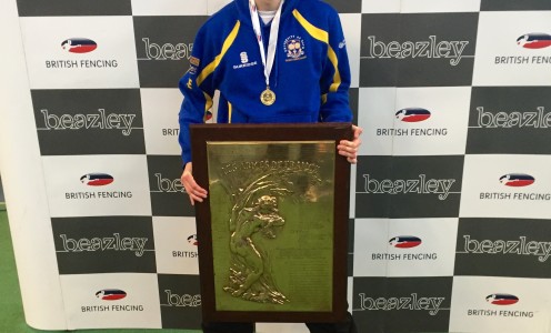 Tom Edwards celebrates after winning the 2015 Beazley British Championships epee fencing title