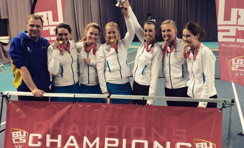 The University of Bath Tennis Club women's team celebrate a fourth successive victory in the BUCS Team National Championships