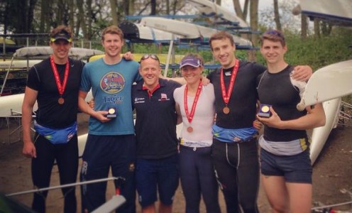 (From left) Frasier Christie, Alex Wilding, coach Dan Harris, Sam Courty, Nick Bell and Ben Jackson with the medals from the 2015 BUCS Regatta