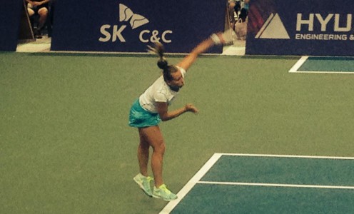 Alex Walker serving during the mixed doubles final at the 2015 World University Games. PICTURE: @bucsport